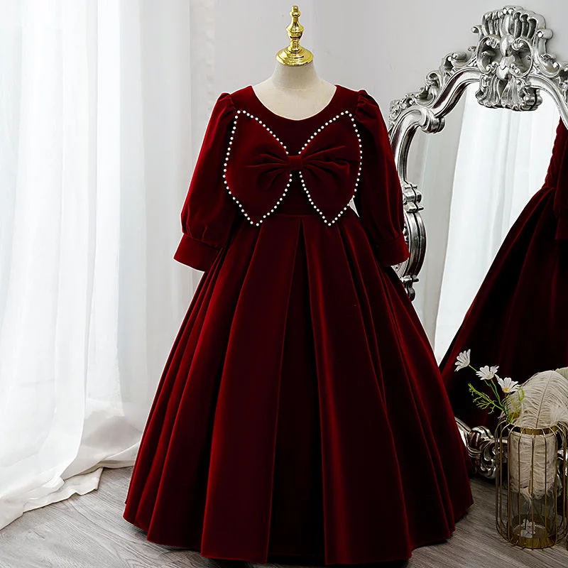 Women's Clothing For Holiday Travel Effortless Style Flower Girl Dress Children Communion Elegant Red Velvet Bow Knot Long Sleeve Princess Dress