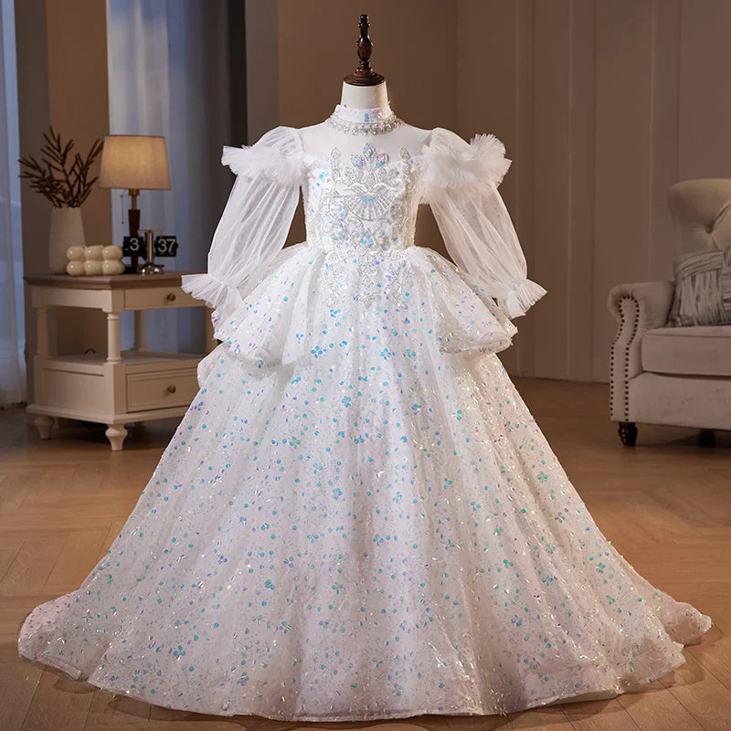 Women's Office Attire Contemporary Chic Children First Communion Dress Flower Girl Pageant Princess Long Sleeve Sequin Luxury Dress