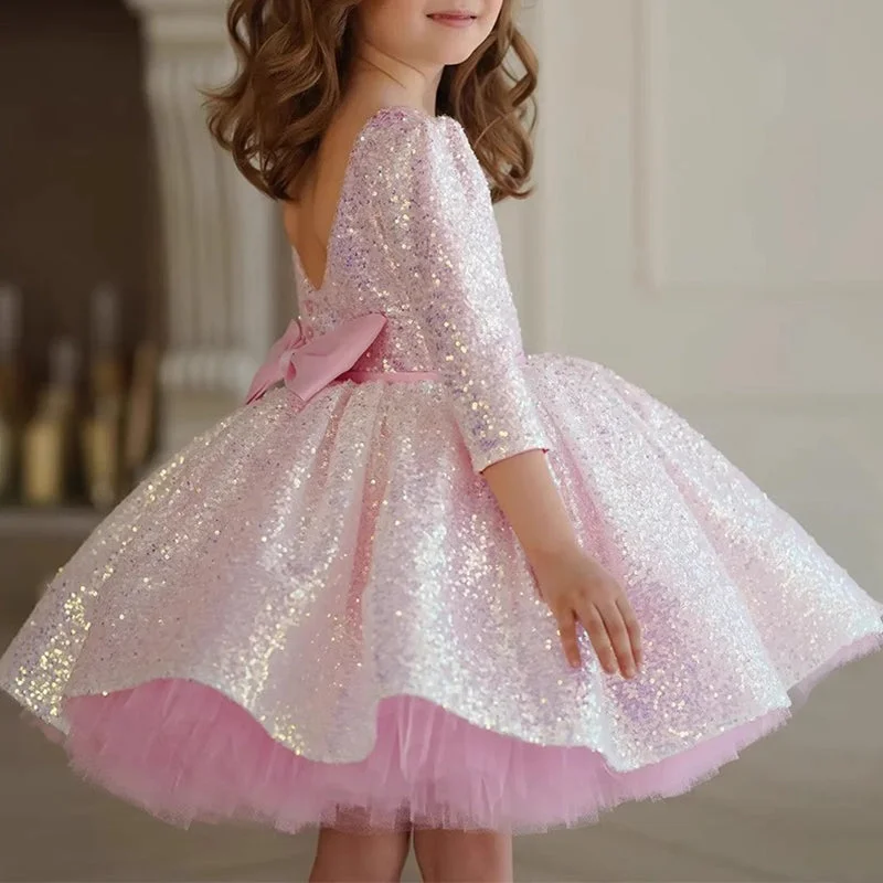 Comfortable Women's Clothes Charming Silhouette Elegant Baby Girl Long Sleeve Sequin Princess Dress Girl Toddler Formal Dresses