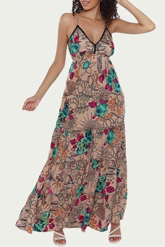 Stylish Women's Outfit Romantic Detailing Sapana Tiered Floral-Print Maxi Dress in Beige