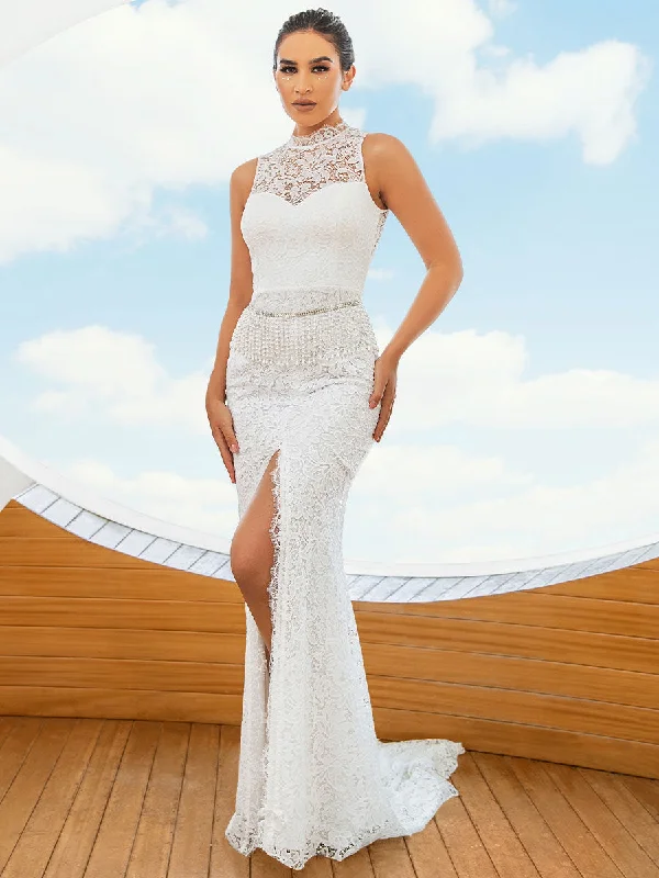 Women's Travel Outfit Set Summer Fashion High Neck Mermaid Wedding Dress With Tasseled Pearl Waist Chain