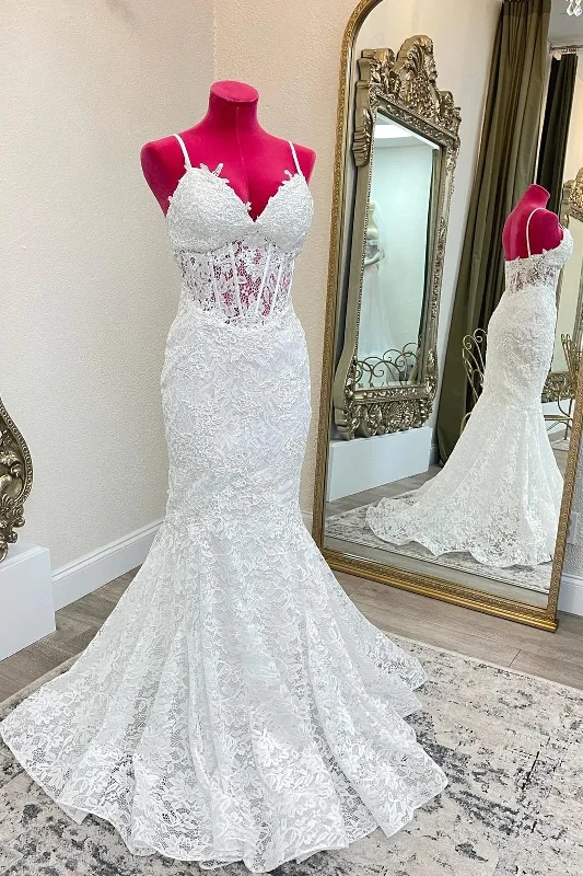 Women's Romantic Outfit Flash Sale Elegant Lace White Wedding Dresses Long Mermaid Spaghetti Straps Bridal Wear