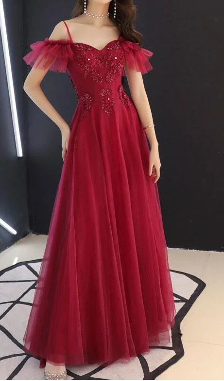 Fashionable Women's Clothing Elegant Attire V neck spaghetti straps burgundy prom ball gown   cg18738