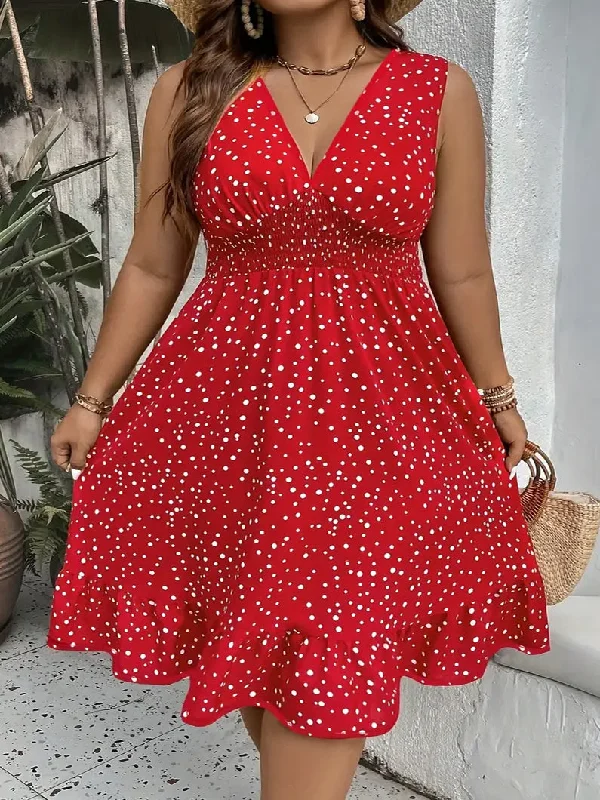 Women's Casual Wear Clothing Vintage Charm Sherry Sleeveless Polkadot Plus Size Dress