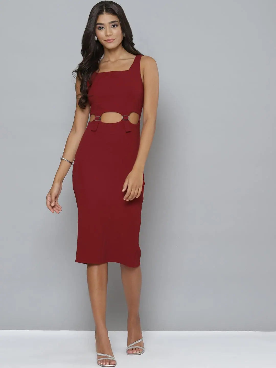 Formal Garments For Women Luxe Layering Women Maroon Cut-Out Buckle Detail Bodycon Dress