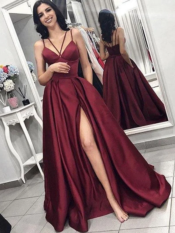 Women's Luxury Attire Floral Style A Line V Neck Spaghetti Straps Satin Burgundy Prom Dresses with Pockets, Burgundy Formal Dresses with Slit, Evening Dresses