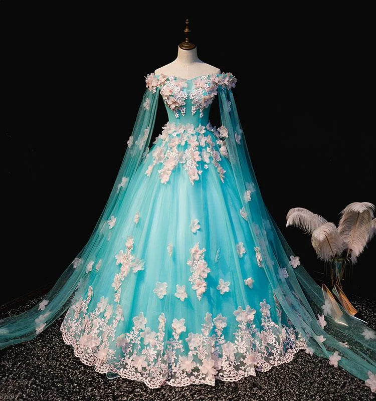 Stylish Women's Attire Feminine Elegant Mint Blue Tulle Embroidery Silk Flowers Quinceanera Dress, Blue Long Ball Gown Formal prom Dress    cg19476