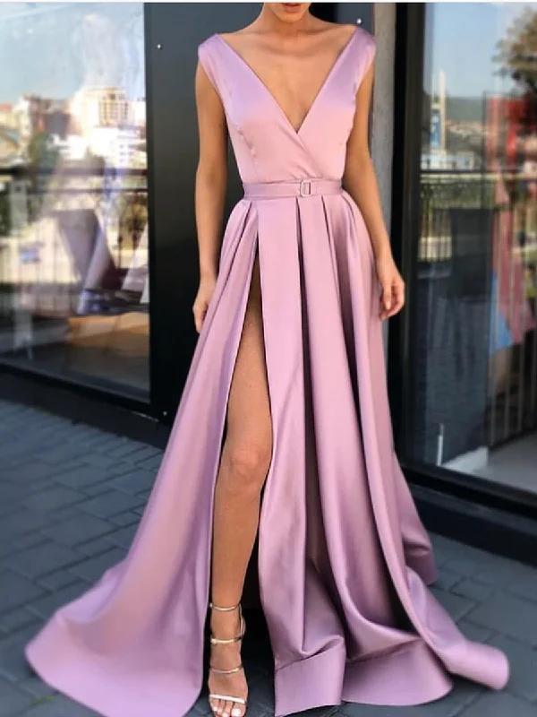 Women's Trendy Attire Now On Sale For Chic Urban Styles A Line V Neck Satin High Slit Prom Dresses with Belt, V Neck Formal Dresses, Graduation Dresses, Evening Dresses