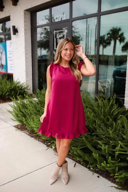 Women's Elegant Apparel Romantic Flair Feeling Cherished Sleeveless Ruffle Button Dress - Magenta