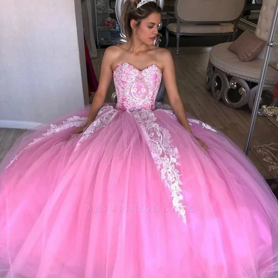 Women's Stylish Professional Apparel Minimalist Chic Exquisite Sweetheart Appliques Ball Gown Sweet 16 Dresses | Tulle Sleeveless Quinceanera Dresses Long prom dress   cg14330