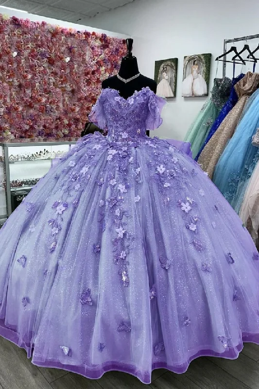 Chic Women's Garments Luxe Layering Women's Lavender Ball Gown Sweet 15 Dress with Butterflies Y4503