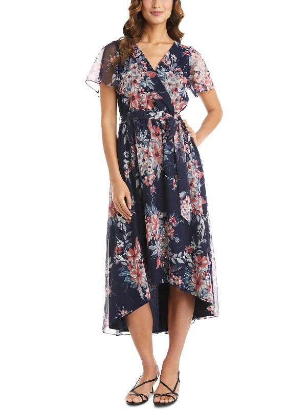 Women's Athletic Garments Romantic Detailing Petites Womens Floral Asymmetric Midi Dress