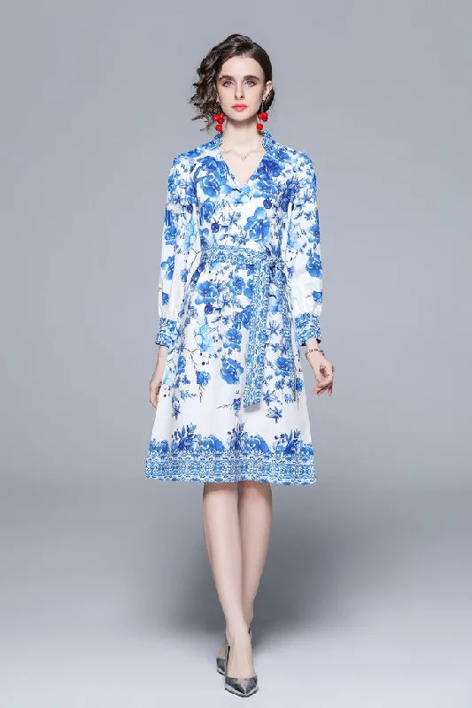 Women's Evening Wear Outfit Hollywood Glam Award - Show Style White & Blue A-line V-neck Long Sleeve Knee Floral Dress