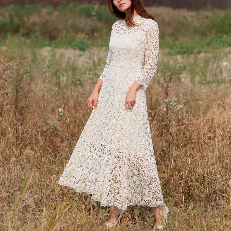 Fashionable Women's Outfit Final Clearance Long Sleeve High Neck Lace Wedding Dress with Ankle Length