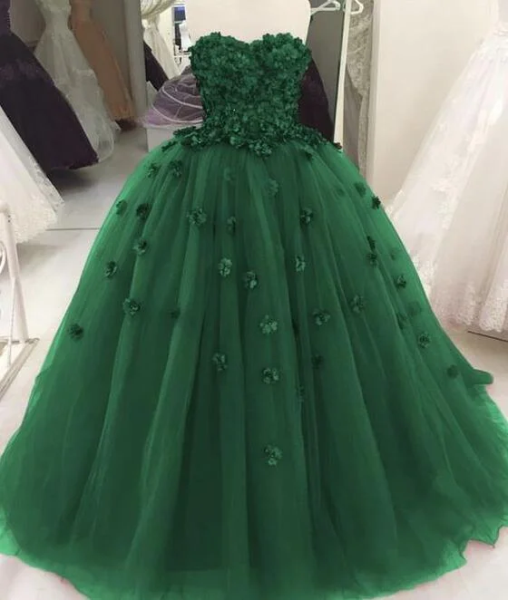 Women's Vintage Clothes Contemporary Elegance Sweetheart Tulle Green Quinceanera Dresses With Flowers Wedding Gowns