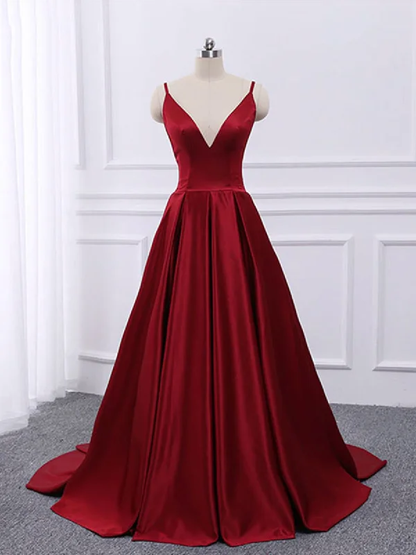 Women's Casual Attire Y2K Nostalgic Fashion Look A Line V Neck Spaghetti Straps Backless Burgundy Satin Long Prom Dresses, V Neck Burgundy Formal Dresses, Burgundy Evening Dresses