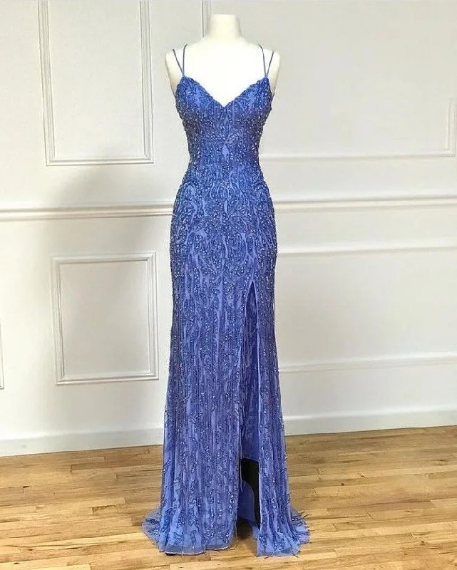 Women's Vacation Garments Dreamy Aesthetic Luxurious Blue Mermaid Prom Dress With Split,Blue Formal Gown  Y4540