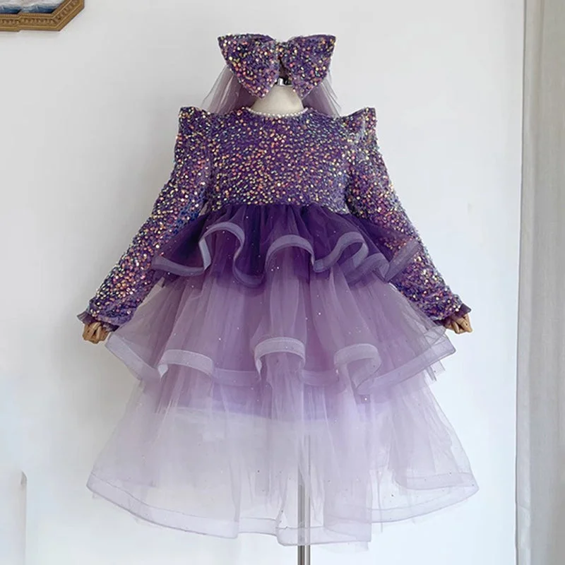 Women's Formal Clothes Subtle Sophistication Cute Baby Girl Purple Long Sleeve Sequin Puff Dress Girl Toddler Prom Dress