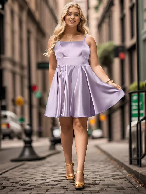 Women's Elegant Evening Outfit Limited - Stock Plus Size Satin Spaghetti Strap Backless A-Line Short Homecoming Dress