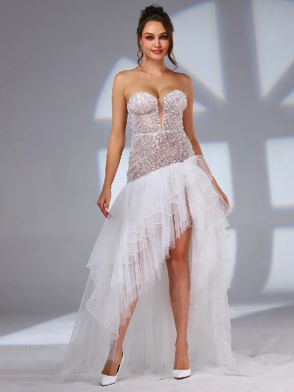 Women's Classic Outfit Today Only High Low Strapless Wedding Dress V neck Sequin Boho