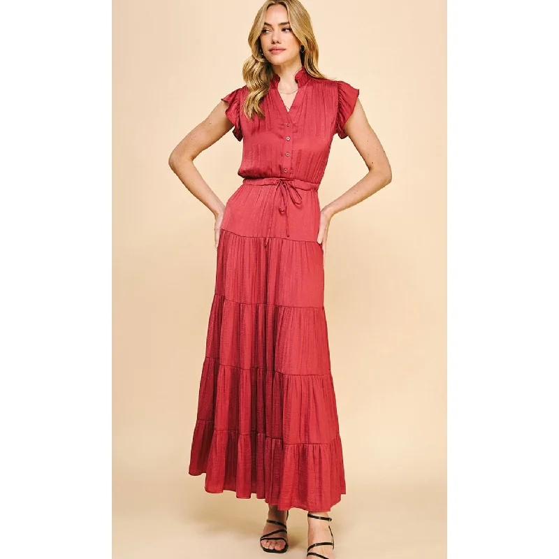 Women's Contemporary Clothing Luxe Layering Leilani Satin Tiered  Maxi PINCH Dress