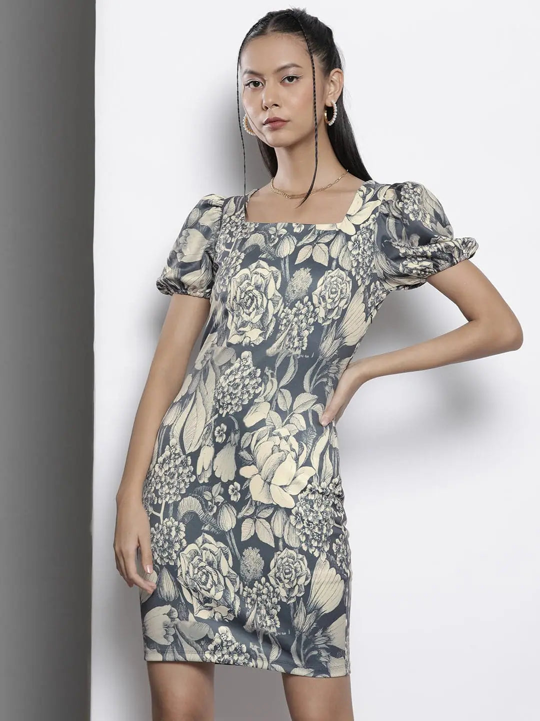 Vintage-Inspired Garments Vintage Elegance Women Grey Floral Scuba Bodycon Dress