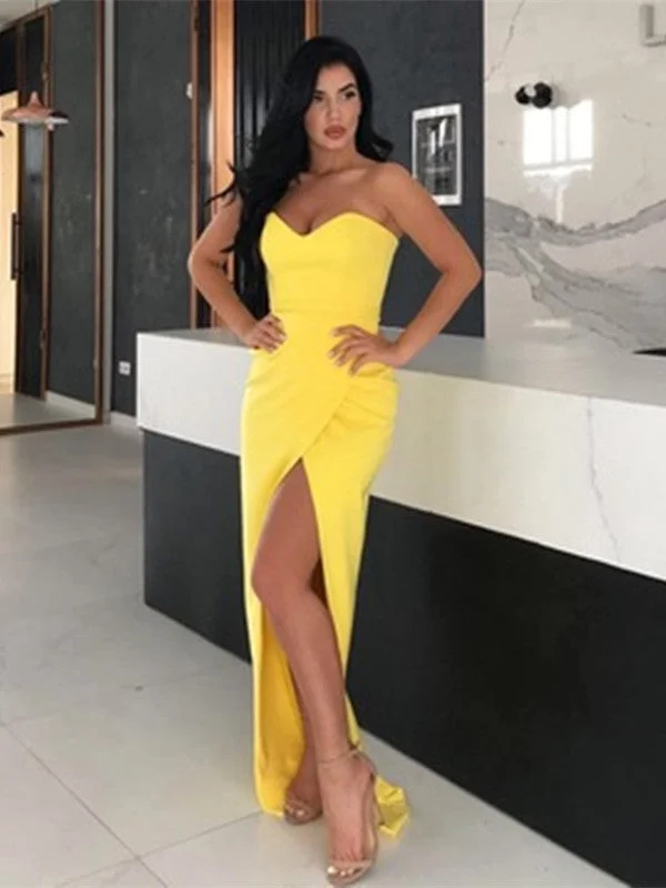 Women's Comfortable Lounge Attire Casual Chic Simple Yellow Sweetheart Neck Satin Long Prom Dresses with Slit, Yellow Formal Dresses, Evening Dresses