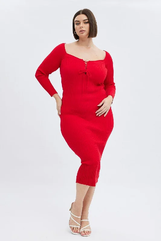 Women's Clothing With Trendy Designs Summer Fashion Red Knit Dress Lace Up Front Long Sleeve Rib