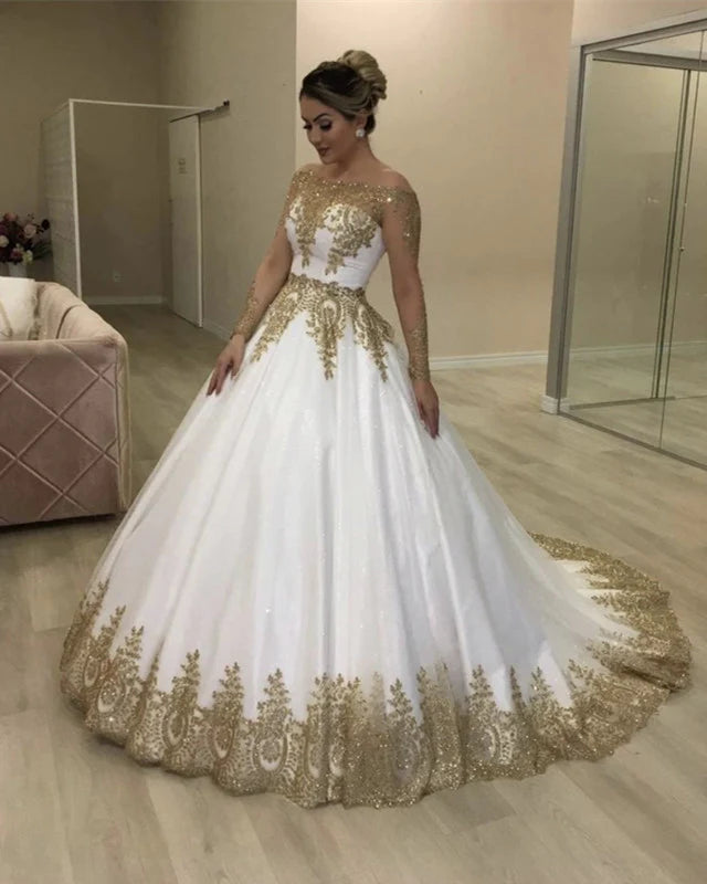 Women's Transitional Outfit Hollywood Glam Award - Show Style A Line Lace Beaded Gold White Wedding Dresses Off the Shoulder