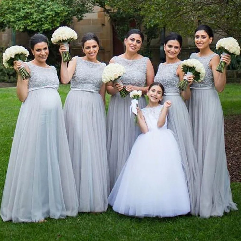 Women's Plus-Size Attire Flowy Fabric Silver Tulle Elegant Long Cheap Wedding Party Bridesmaid Dresses for Pregnant Girls, WG192