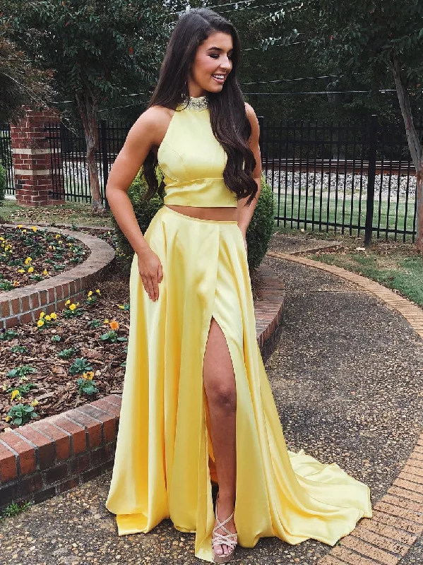 Formal Attire For Women Nordic Minimalist Home Look A Line High Neck Two Pieces Yellow Satin Long Prom Dresses with High Split, Yellow Formal Dresses, Evening Dresses