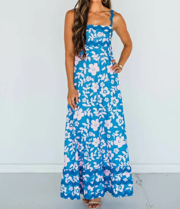 Women's Luxury Garments Alluring Design Flowers In The Sky Maxi Dress In Blue