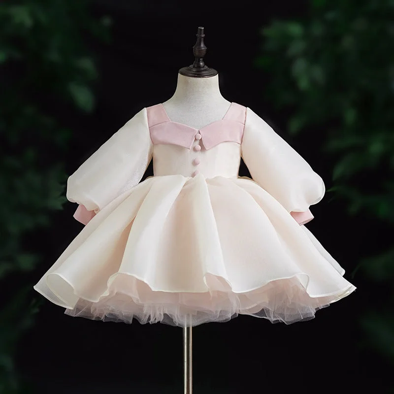 Women's Cozy Clothes Dreamy Draping Sweet Baby Girl Beige Long Sleeve Mesh Princess Dress Toddler First Communion Dress