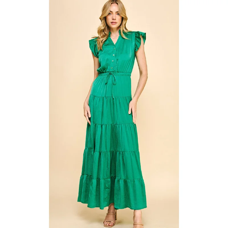 Women's Urban Clothing Modern Romance Lex Green Satin Tiered  Maxi PINCH Dress