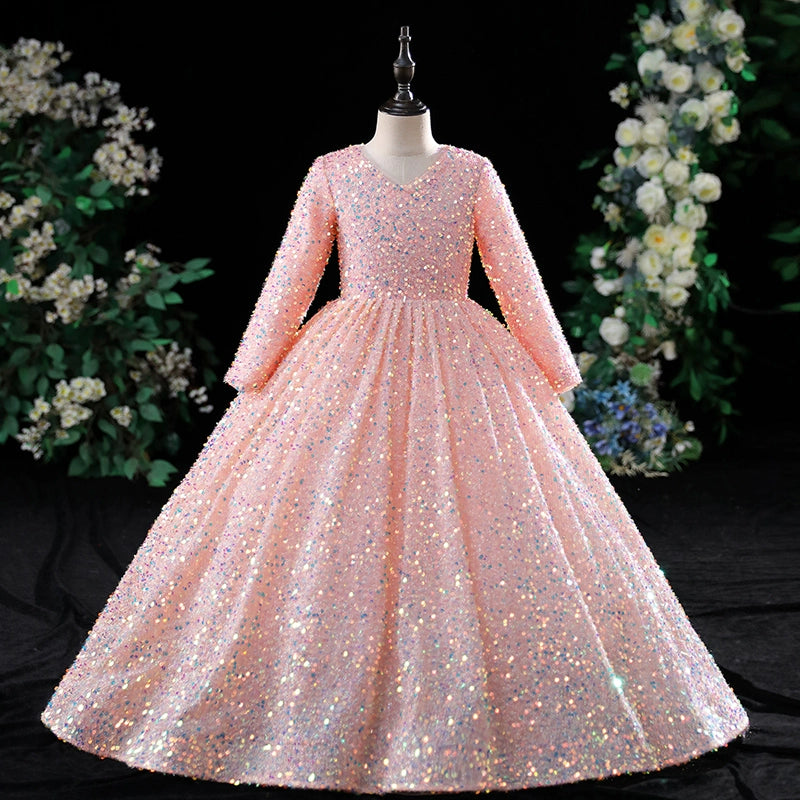 Women's High-Fashion Clothes Minimalist Office - Ready Style Elegant Baby Girl Long Sleeve Sequined Puff Princess Dress Toddler Pageant Dress