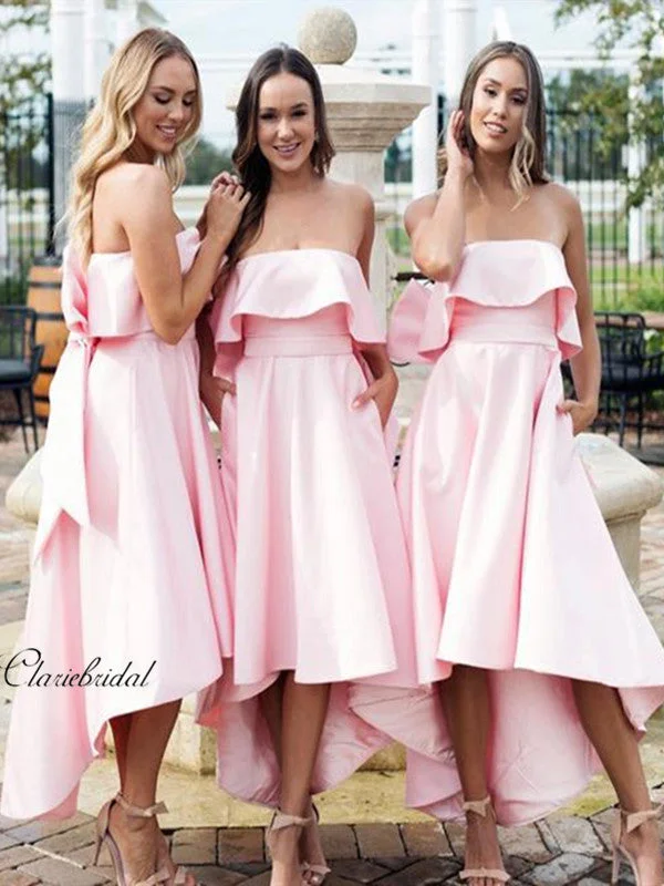 Women's Resort Apparel Urban Sophistication High Low Strapless Bridesmaid Dresses, Elegant Pink Bridesmaid Dresses