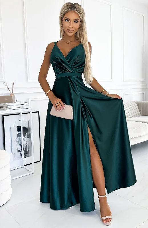 Women's Trendy Outfit Fashion-Forward Style Long satin dress with a neckline and double straps - green