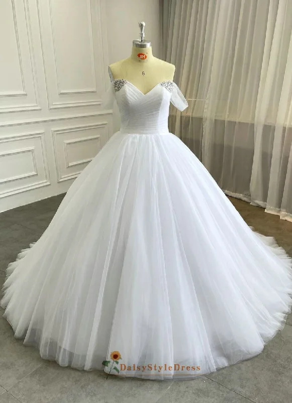 Affordable Women's Clothes Sleek Design Ball Gown Off Shoulder Sleeve White Tulle Wedding Dress