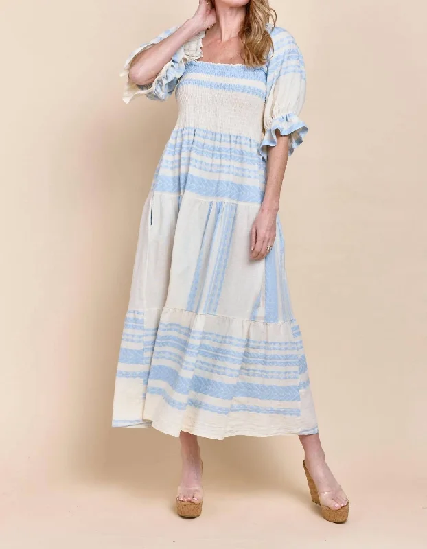 Women's Activewear Garments Romantic Detailing Azel Smocked Maxi Dress In Blue/beige