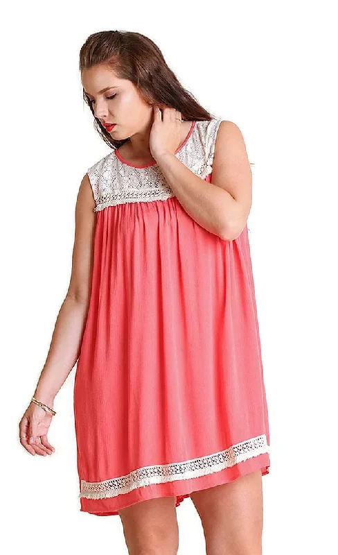 Stylish Women's Garments For Holidays Boho - Chic Festival - Ready Style Lace & Fringe Sleeveless Dress, Coral