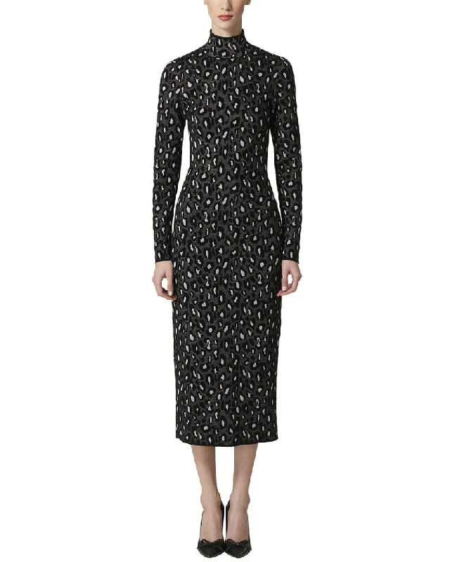 Women's Trendy Outfit Chic Sophistication Carolina Herrera Turtleneck Column Silk-Blend Midi Dress