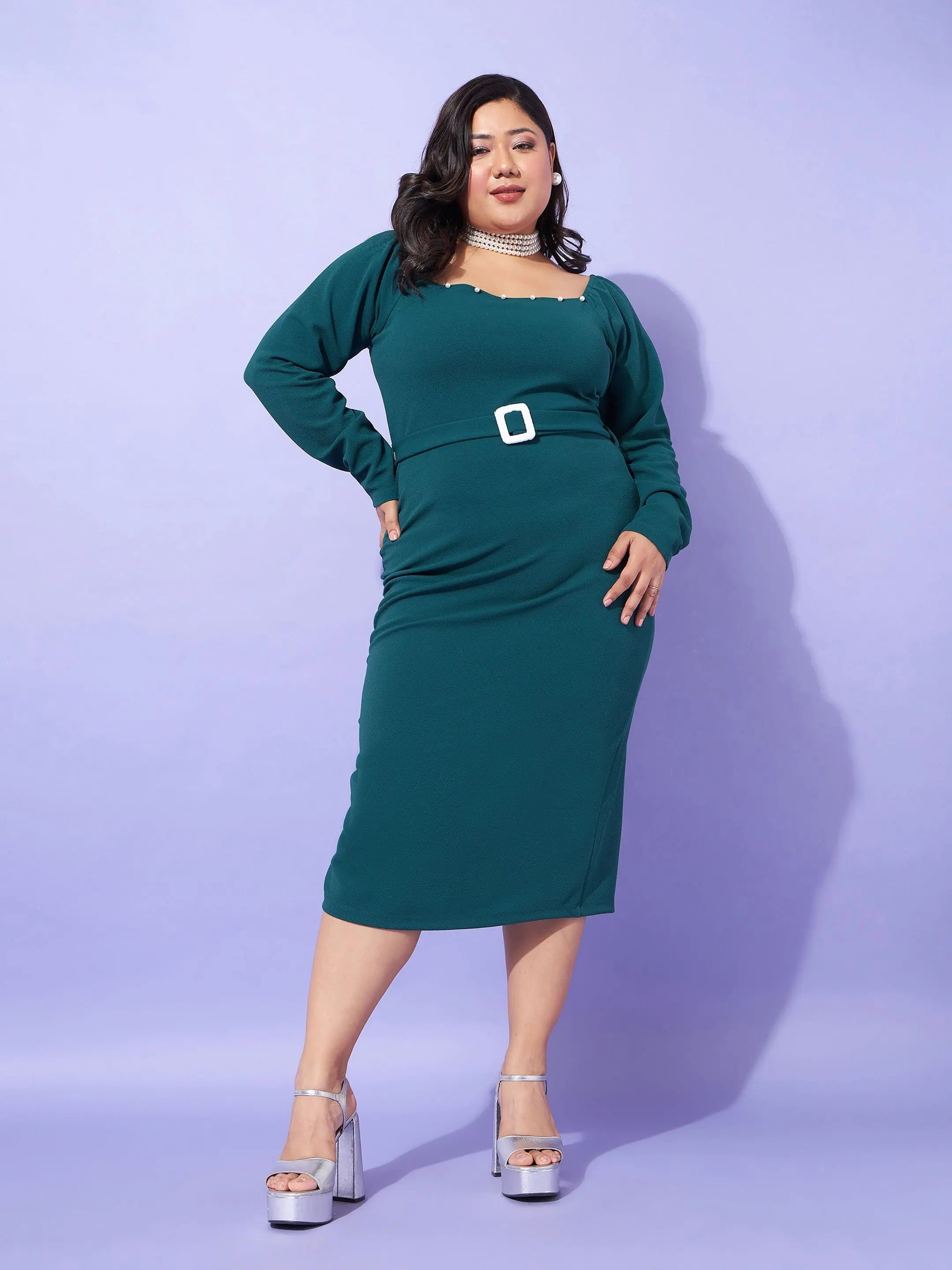 Formal Garments For Women Effortless Comfort Women Emerald Solid Square Neck Bodycon Dress