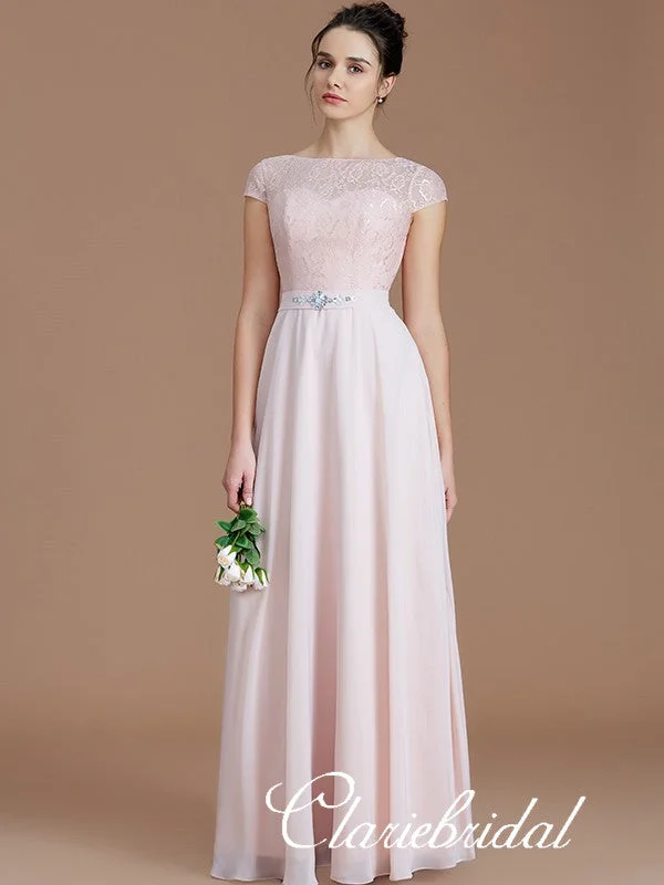 Women's Outerwear Apparel Limited - Edition Drops Cap Sleeves A-line Lace Chiffon Beaded Long Bridesmaid Dresses