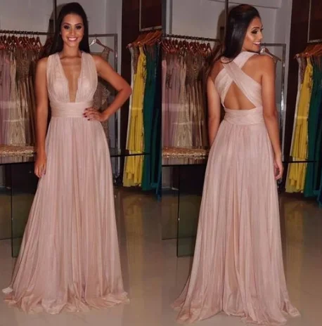 Women's Travel Apparel Effortless Grace Blush pink prom dress,V-neck long prom dress,A-line backless prom gown, chiffon evening gowns, Floor Length Party Dress cg3177