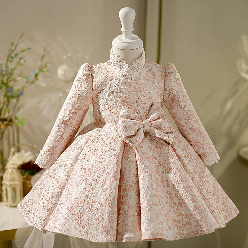 Women's Evening Wear Outfit Cottagecore Rustic Charm Style Girl Christmas Dress Toddler Prom Dress Baby Girl Fall Stand Collar Bowknot Long Sleeve Princess Party Dress