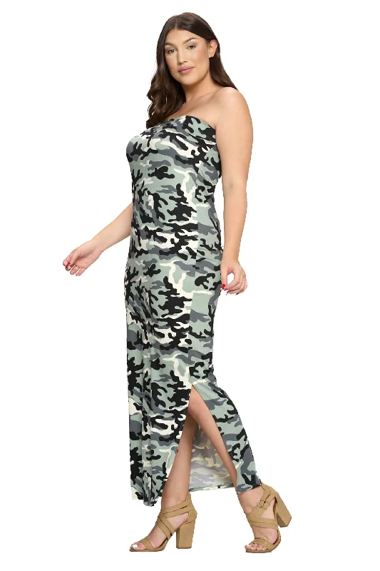 Women's Office Clothing Elegant Details Camo Sleeveless Slit Dress