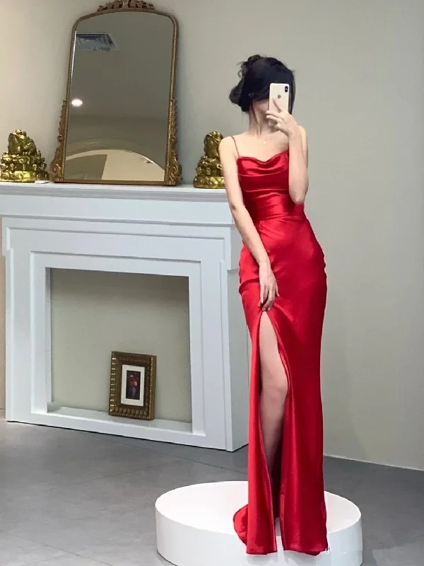 Stylish Women's Garments Effortless Style Sexy Red Spaghetti Straps Long Prom Dress With Split,Red Formal Gown Y4576