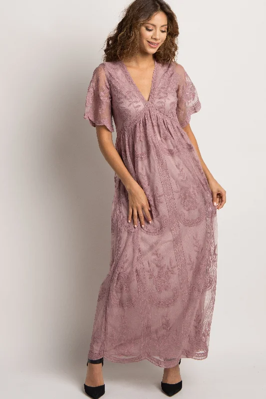 Women's Travel Attire Limited - Stock PinkBlush Mauve Lace Mesh Overlay Maxi Dress