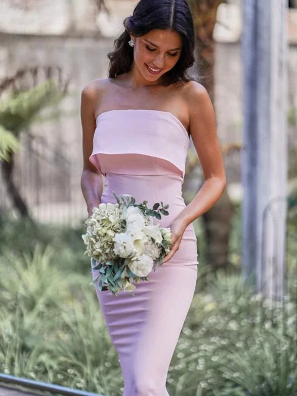 Women's Professional Outfit Playful Elegance Strapless Long Mermaid Light Pink Jersey Bridesmaid Dresses, Long Bridesmaid Dresses, Newest Bridesmaid Dresses