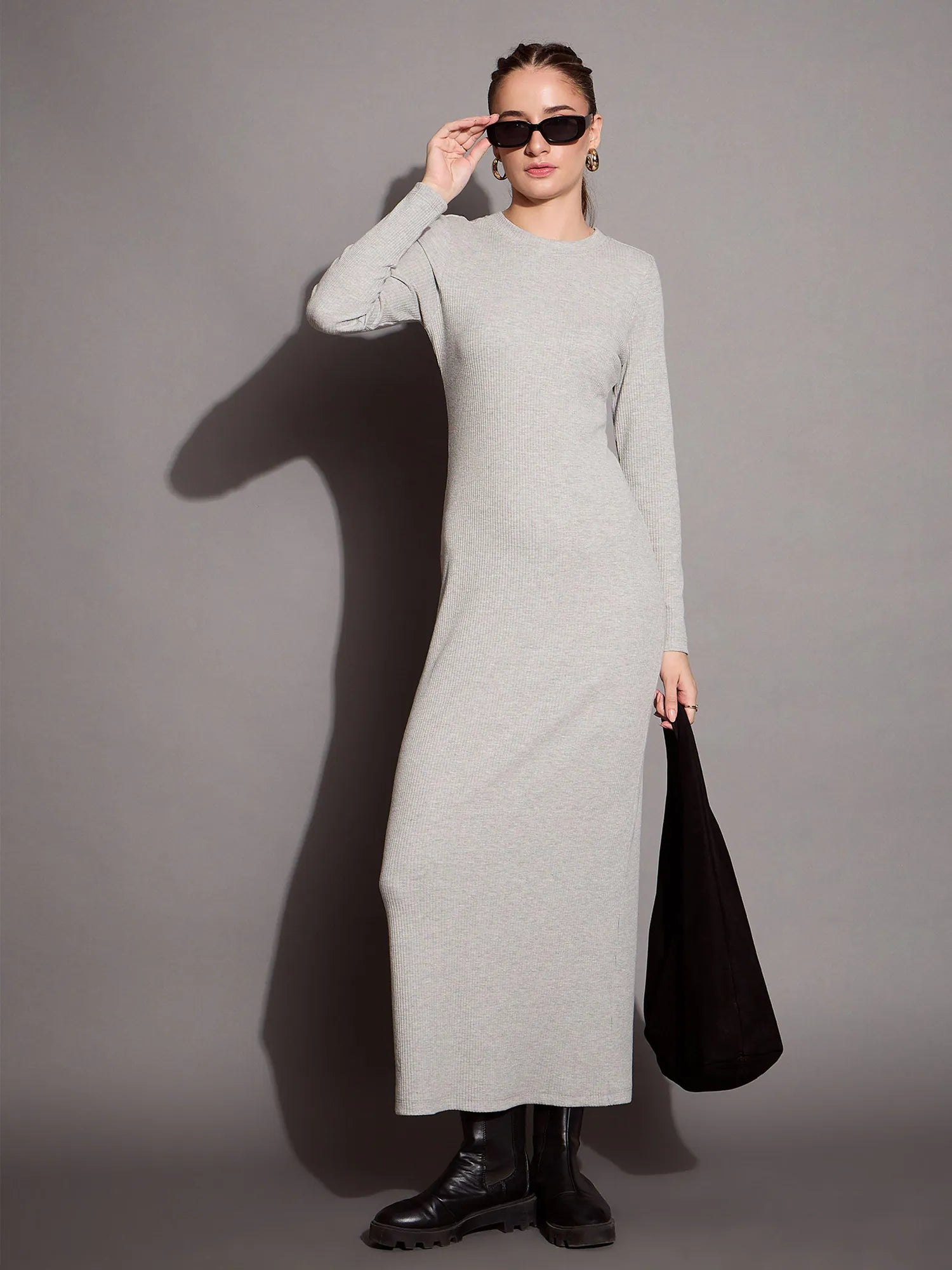 Stylish Clothes For Women Luxe Layering Women Grey Melange Ribbed Bodycon Maxi Dress-SFDRSS12403